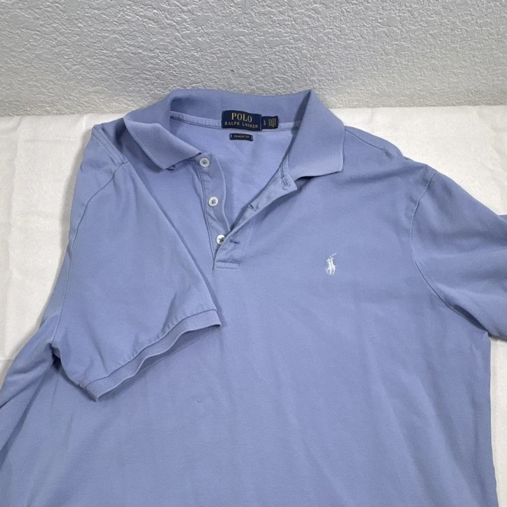 Polo Ralph Lauren Classic Fit Men's L Blue Solid SS Polo Collared Button Logo